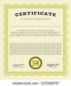 Yellow Certificate template or diploma template. With complex background. Vector illustration. Money design. 