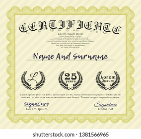 Yellow Certificate template or diploma template. Complex background. Modern design. Vector illustration. 