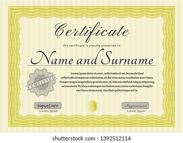 Yellow Certificate template or diploma template. With complex background. Customizable, Easy to edit and change colors. Modern design. 