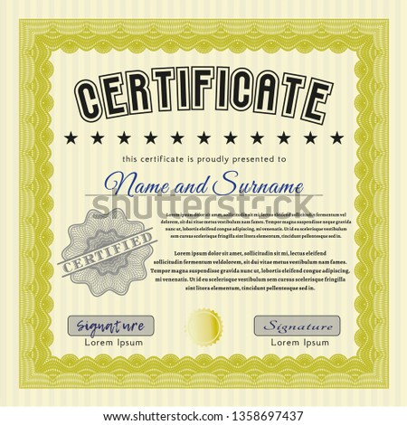 Yellow Certificate template or diploma template. Complex background. Detailed. Money Pattern design. 