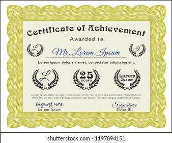 Yellow Certificate template or diploma template. Customizable, Easy to edit and change colors. With guilloche pattern. Perfect design. 