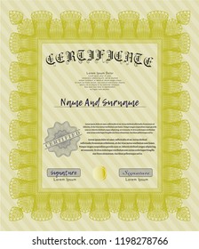 Yellow Certificate template or diploma template. Customizable, Easy to edit and change colors. With guilloche pattern. Good design. 