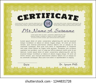 Yellow Certificate template or diploma template. Customizable, Easy to edit and change colors. With linear background. Money style design. 