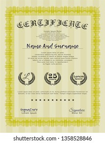 Yellow Certificate template or diploma template. Customizable, Easy to edit and change colors. With complex linear background. Cordial design. 
