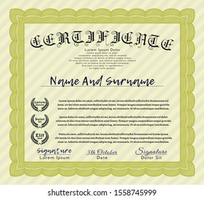 Yellow Certificate template or diploma template. Customizable, Easy to edit and change colors. With complex background. Nice design. 