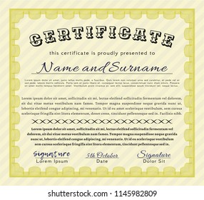 Yellow Certificate template or diploma template. Detailed. Printer friendly. Superior design. 