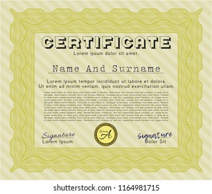 Yellow Certificate template or diploma template. Detailed. With guilloche pattern. Nice design. 