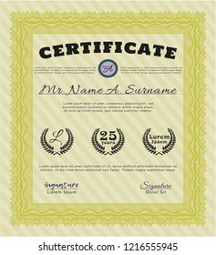 Yellow Certificate template or diploma template. Detailed. With complex linear background. Perfect design. 