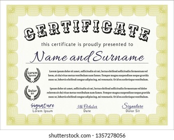 Yellow Certificate template or diploma template. Detailed. With guilloche pattern and background. Artistry design. 