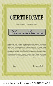 Yellow Certificate template or diploma template. Detailed. With complex background. Sophisticated design. 