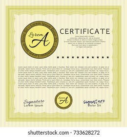 Yellow Certificate template or diploma template. Excellent design. Vector illustration. Complex background. 
