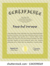 Yellow Certificate template or diploma template. Good design. Easy to print. Detailed. 