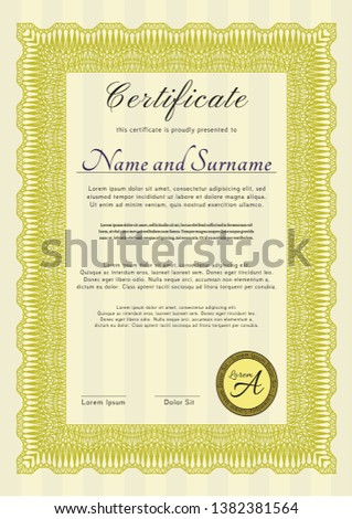 Yellow Certificate template or diploma template. Good design. With complex background. Detailed. 