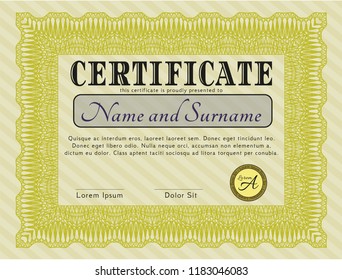 Yellow Certificate template or diploma template. With great quality guilloche pattern. Customizable, Easy to edit and change colors. Superior design. 