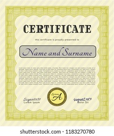 Yellow Certificate template or diploma template. With great quality guilloche pattern. Money Pattern. Detailed. 