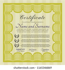 Yellow Certificate template or diploma template. With guilloche pattern. Customizable, Easy to edit and change colors. Beauty design. 