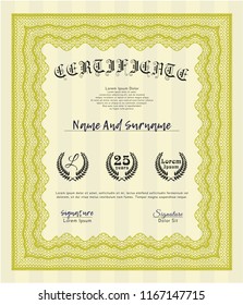 Yellow Certificate template or diploma template. With guilloche pattern and background. Vector illustration. Perfect design. 
