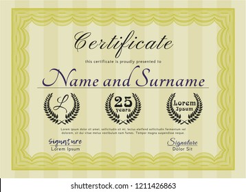 Yellow Certificate template or diploma template. With linear background. Detailed. Excellent design. 