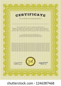 Yellow Certificate template or diploma template. With linear background. Vector illustration. Money design. 