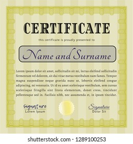 Yellow Certificate template or diploma template. With linear background. Vector illustration. Sophisticated design. 