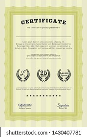 Yellow Certificate template or diploma template. With linear background. Customizable, Easy to edit and change colors. Cordial design. 