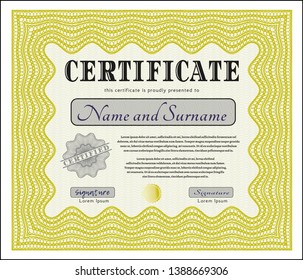Yellow Certificate template or diploma template. Lovely design. Customizable, Easy to edit and change colors. With complex linear background. 