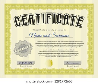 Yellow Certificate template or diploma template. Modern design. Vector illustration. With great quality guilloche pattern. 