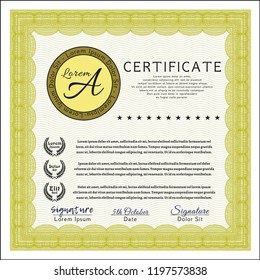Yellow Certificate template or diploma template. Money Pattern design. Vector illustration. Complex background. 
