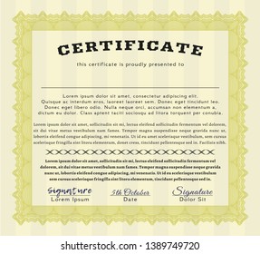 Yellow Certificate template or diploma template. Money design. With guilloche pattern. Detailed. 