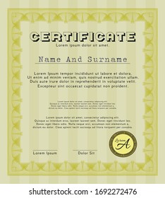 Yellow Certificate template or diploma template. Money Pattern. With guilloche pattern. Customizable, Easy to edit and change colors. 