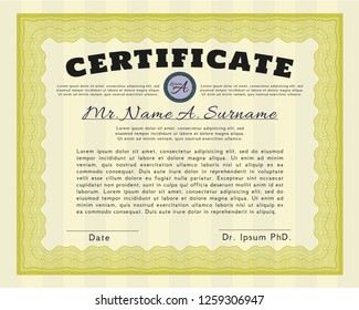 Yellow Certificate template or diploma template. Nice design. Customizable, Easy to edit and change colors. With guilloche pattern. 