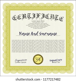 Yellow Certificate template or diploma template. Perfect design. Customizable, Easy to edit and change colors. With linear background. 