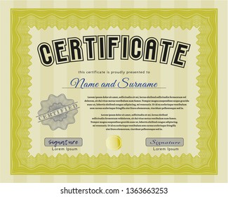 Yellow Certificate template or diploma template. Perfect design. Detailed. With complex linear background. 