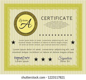 Yellow Certificate template or diploma template. Printer friendly. Artistry design. Vector illustration. 