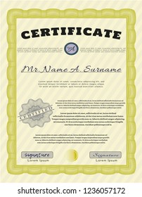 Yellow Certificate template or diploma template. Printer friendly. Detailed. Modern design. 