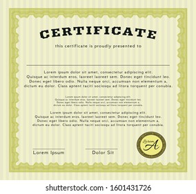 Yellow Certificate template or diploma template. Printer friendly. Customizable, Easy to edit and change colors. Money design. 