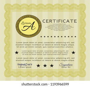 Yellow Certificate template or diploma template. Retro design. With complex linear background. Vector illustration. 