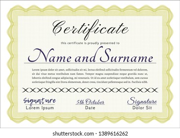 Yellow Certificate template or diploma template. Sophisticated design. With quality background. Detailed. 