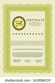 Yellow Certificate template or diploma template. Sophisticated design. Detailed. With guilloche pattern and background. 