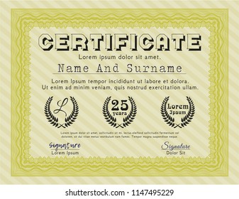 Yellow Certificate template or diploma template. Vector illustration. With complex background. Artistry design. 