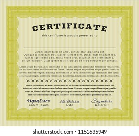 Yellow Certificate template or diploma template. Vector illustration. With complex background. Beauty design. 