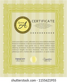 Yellow Certificate template or diploma template. Vector illustration. With guilloche pattern and background. Money style design. 