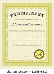 Yellow Certificate template or diploma template. Vector illustration. With background. Modern design. 