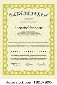 Yellow Certificate template or diploma template. Vector illustration. With guilloche pattern. Retro design. 
