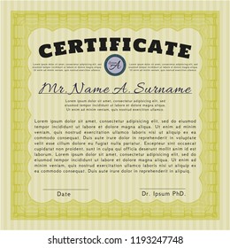 Yellow Certificate template or diploma template. Vector illustration. With quality background. Money design. 