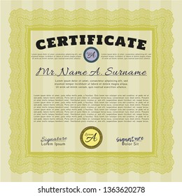 Yellow Certificate template or diploma template. Vector illustration. With guilloche pattern. Nice design. 