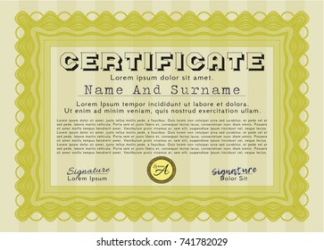 Yellow Certificate template or diploma template. Vector illustration. With guilloche pattern and background. Perfect design. 
