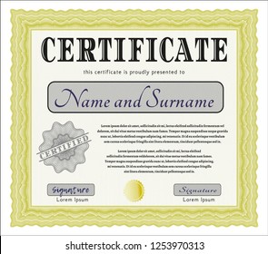 Yellow Certificate template. Easy to print. Customizable, Easy to edit and change colors. Money Pattern. 