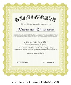 Yellow Certificate template. Elegant design. Detailed. With guilloche pattern. 