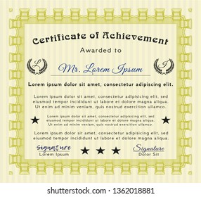 Yellow Certificate template. Elegant design. With complex background. Detailed. 